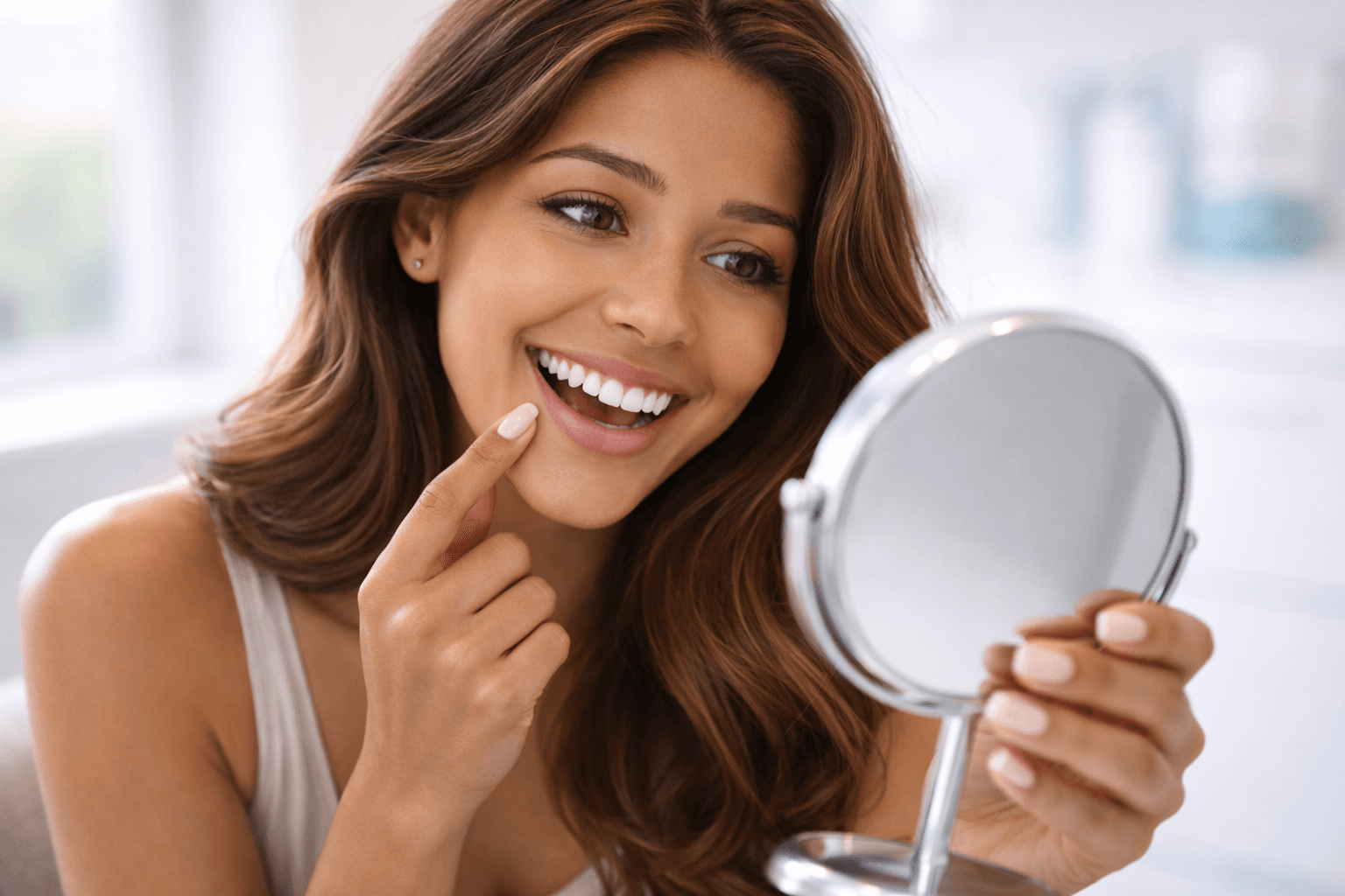 Close-up of a patient smiling after composite bonding treatment on front teeth