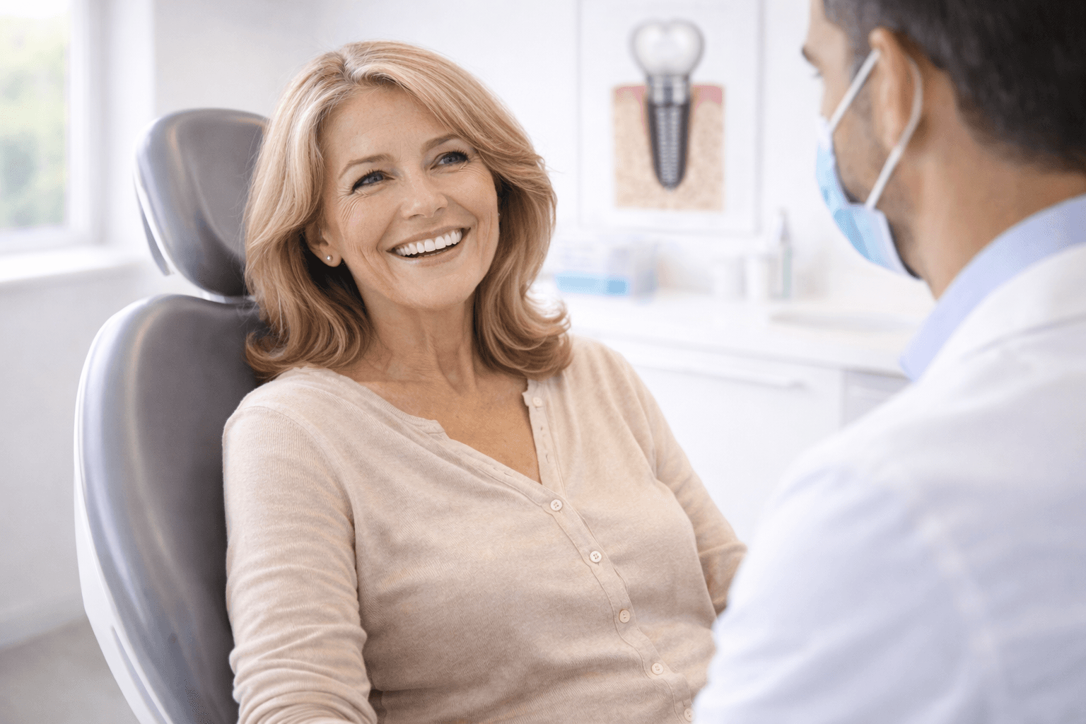 Dental implant model showing titanium post, abutment and crown